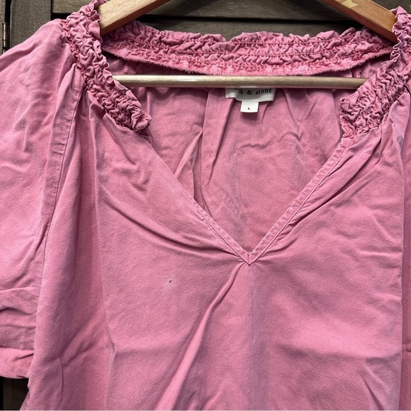 Relaxed Old Rose Plain Boho Neutral Chic Cuffed Sleeve‎ Smocked Blouse Sz L - Picture 8 of 11